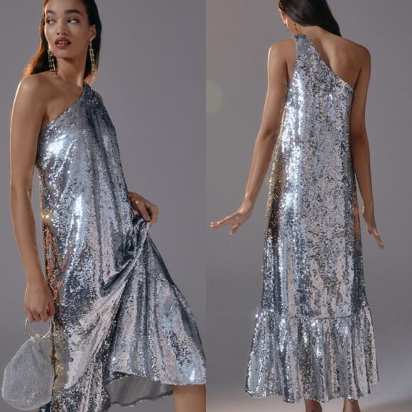 Anthropologie Silver Sequin Midi Dress - Picture 2 of 10